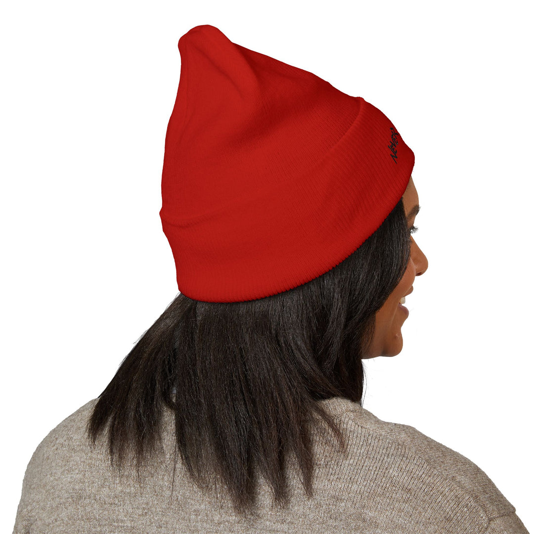 Embroidered Cuffed Beanie — 'Never Knows Best' Red Knit Hat