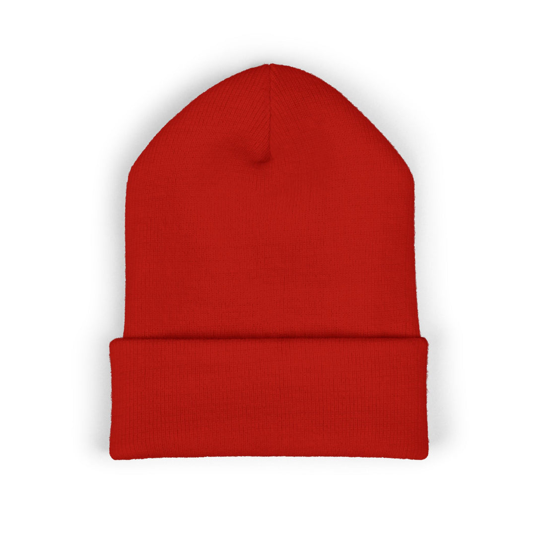 Embroidered Cuffed Beanie — 'Never Knows Best' Red Knit Hat