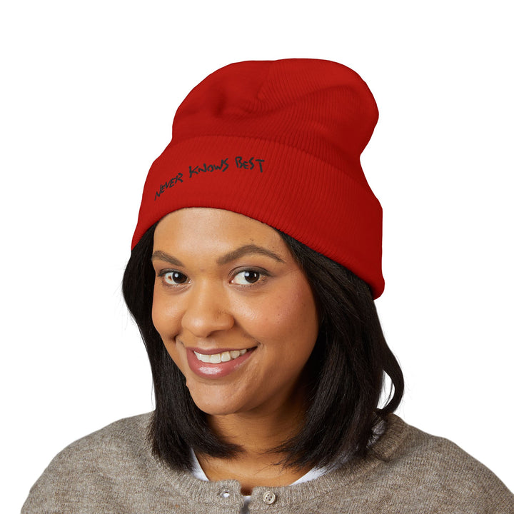 Embroidered Cuffed Beanie — 'Never Knows Best' Red Knit Hat