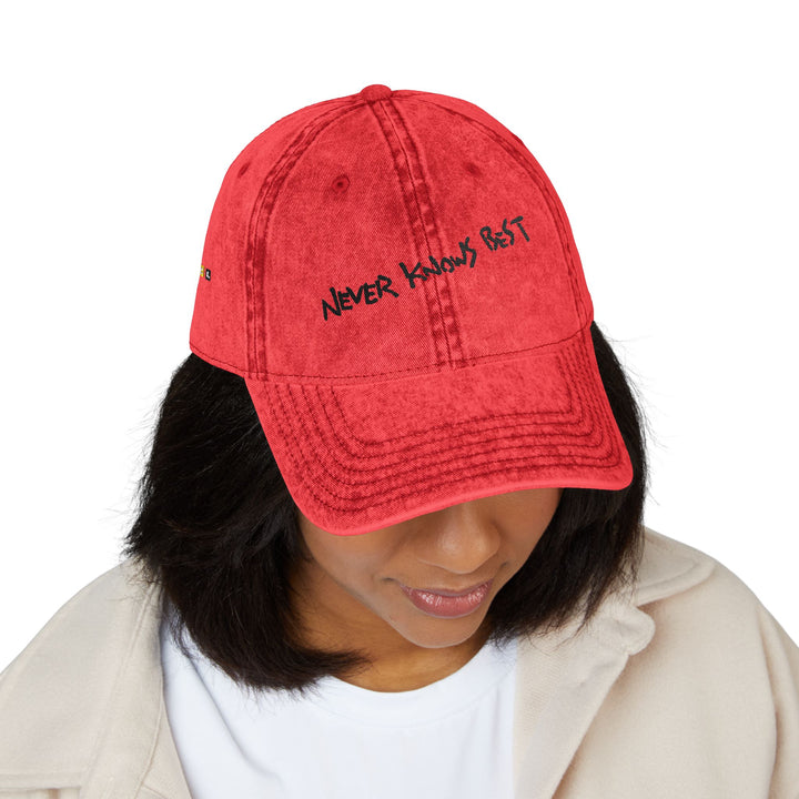 FLCL — "Never Knows Best" Distressed Red Dad Hat